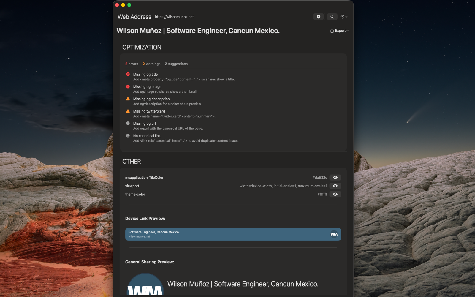 Web Metatag Viewer showing optimization findings and the export menu